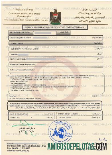 Exemplo de certificado de registro de veículo no Iraque